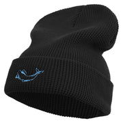 White Sperm Whale Embroidered Waffle Knit Cuff Beanie - Black OSFM