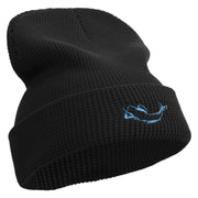 White Sperm Whale Embroidered Waffle Knit Cuff Beanie - Black OSFM