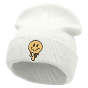 Melting Happy Face Embroidered 12 Inch Long Knitted Beanie - White OSFM