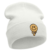 Melting Happy Face Embroidered 12 Inch Long Knitted Beanie - White OSFM