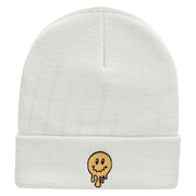 Melting Happy Face Embroidered 12 Inch Long Knitted Beanie - White OSFM