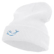 White Sperm Whale Embroidered Waffle Knit Cuff Beanie - White OSFM