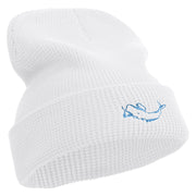 White Sperm Whale Embroidered Waffle Knit Cuff Beanie - White OSFM