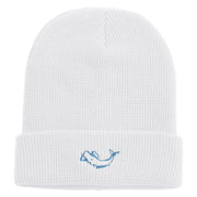 White Sperm Whale Embroidered Waffle Knit Cuff Beanie - White OSFM