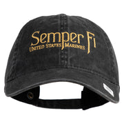 United States Marines Semper Fi Embroidered Washed Solid Pigment Dyed Cotton Twill Brass Buckle Cap - Black OSFM