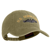 US Submarine Logo Military Embroidered Washed Solid Pigment Dyed Cotton Twill Brass Buckle Cap - Khaki OSFM