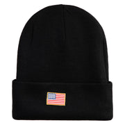 Small Patriotic American Flag Iron on Embroidered Patched 12 Inch Long Knitted Beanie - Black OSFM