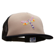 Cut out Pastel Dragonfly Patched Flat Bill Foam Camo Mesh Trucker Cap