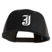 Old English White J Patched Cotton Deluxe Trucker Ball Cap - Black Grey OSFM
