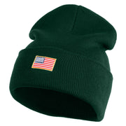 Small Patriotic American Flag Iron on Embroidered Patched 12 Inch Long Knitted Beanie - Dark Green OSFM