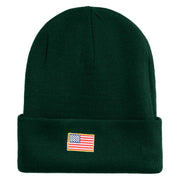 Small Patriotic American Flag Iron on Embroidered Patched 12 Inch Long Knitted Beanie - Dark Green OSFM