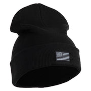 Small Patriotic Grey American Flag Iron on Embroidered Patched 12 Inch Long Knitted Beanie - Black OSFM