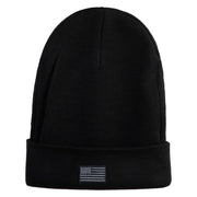 Small Patriotic Grey American Flag Iron on Embroidered Patched 12 Inch Long Knitted Beanie - Black OSFM