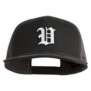 Old English White V Patched Cotton Deluxe Trucker Ball Cap - Black Grey OSFM