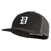 Old English White V Patched Cotton Deluxe Trucker Ball Cap - Black Grey OSFM