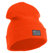 Small Patriotic Grey American Flag Iron on Embroidered Patched 12 Inch Long Knitted Beanie - Orange OSFM