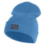 Small Patriotic Grey American Flag Iron on Embroidered Patched 12 Inch Long Knitted Beanie - Sky Blue OSFM
