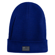 Small Patriotic Grey American Flag Iron on Embroidered Patched 12 Inch Long Knitted Beanie - Royal OSFM