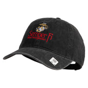United States Marines Semper Fi Emblem Embroidered Washed Solid Pigment Dyed Cotton Twill Brass Buckle Cap - Black OSFM