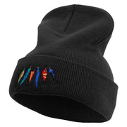 Colorful Fish Hook Embroidered 12 Inch Long Knitted Beanie - Black OSFM