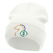 Horse Betting Embroidered 12 Inch Long Knitted Beanie - White OSFM