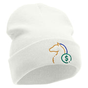 Horse Betting Embroidered 12 Inch Long Knitted Beanie - White OSFM