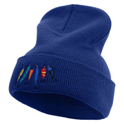 Colorful Fish Hook Embroidered 12 Inch Long Knitted Beanie - Royal OSFM