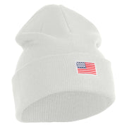 Small Patriotic White American Flag Iron on Embroidered Patched 12 Inch Long Knitted Beanie - White OSFM