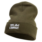 You Are Enough Embroidered 12 Inch Long Knitted Beanie - Olive OSFM