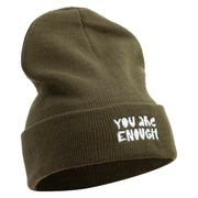 You Are Enough Embroidered 12 Inch Long Knitted Beanie - Olive OSFM