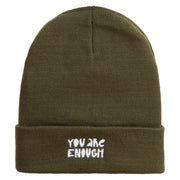 You Are Enough Embroidered 12 Inch Long Knitted Beanie - Olive OSFM