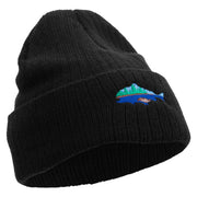 Made in USA Lake Fish Embroidered Heavy Ribbed Cuff Beanie - Black OSFM