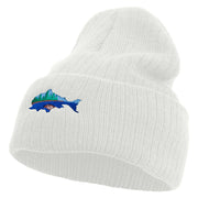 Made in USA Lake Fish Embroidered Heavy Ribbed Cuff Beanie - White OSFM