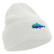 Made in USA Lake Fish Embroidered Heavy Ribbed Cuff Beanie - White OSFM