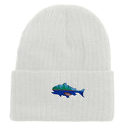 Made in USA Lake Fish Embroidered Heavy Ribbed Cuff Beanie - White OSFM