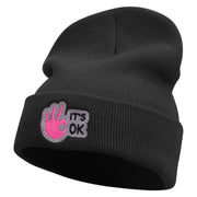 It's Ok Embroidered 12 Inch Long Knitted Beanie - Black OSFM