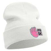 It's Ok Embroidered 12 Inch Long Knitted Beanie - White OSFM