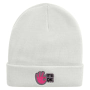 It's Ok Embroidered 12 Inch Long Knitted Beanie - White OSFM