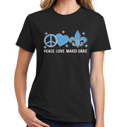 Peace Love Mardi Gras Symbols Graphic Design Ladies Big Size Soft Spun Cotton Essential T-Shirt - Jet-Black XS