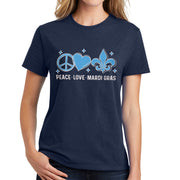 Peace Love Mardi Gras Symbols Graphic Design Ladies Big Size Soft Spun Cotton Essential T-Shirt - Navy XS