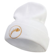 Abstract Fish Bone Embroidered 12 Inch Long Knitted Beanie - White OSFM