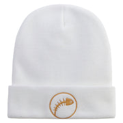 Abstract Fish Bone Embroidered 12 Inch Long Knitted Beanie - White OSFM