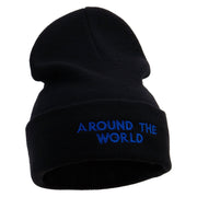 Around The World Embroidered 12 inch Acrylic Cuffed Long Beanie - Black OSFM