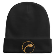 Abstract Fish Bone Embroidered 12 Inch Long Knitted Beanie - Black OSFM