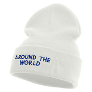 Around The World Embroidered 12 inch Acrylic Cuffed Long Beanie - White OSFM