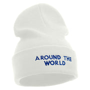 Around The World Embroidered 12 inch Acrylic Cuffed Long Beanie - White OSFM