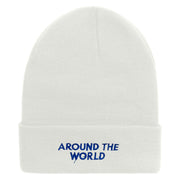 Around The World Embroidered 12 inch Acrylic Cuffed Long Beanie - White OSFM