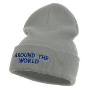 Around The World Embroidered 12 inch Acrylic Cuffed Long Beanie - Grey OSFM