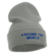 Around The World Embroidered 12 inch Acrylic Cuffed Long Beanie - Grey OSFM