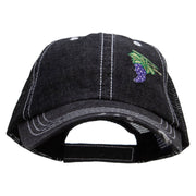 Cluster of Grapes Fruit Patched 6 Panel Denim Frayed Mesh Cap